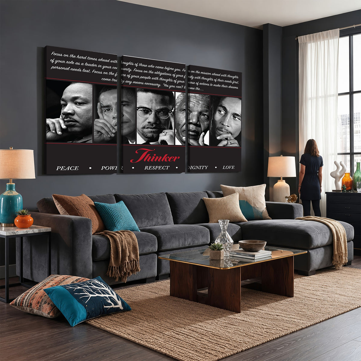 45112-MGV-CV-24X16 - Thinker Quintet Canvas Wall Art | Martin, Obama, Malcolm X, Mandela, Marley, Peace Power Respect Dignity Love