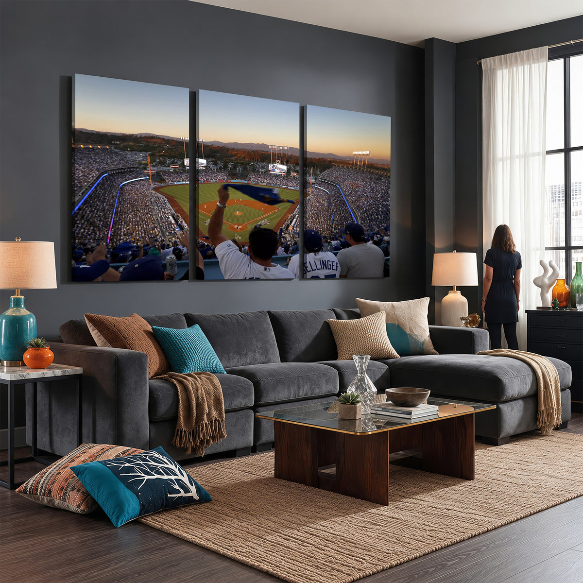 60162-MGV-CV-36X24 - Dodger Stadium Sunset Game Triple Canvas Wall Art, Los Angeles Dodgers MLB Match