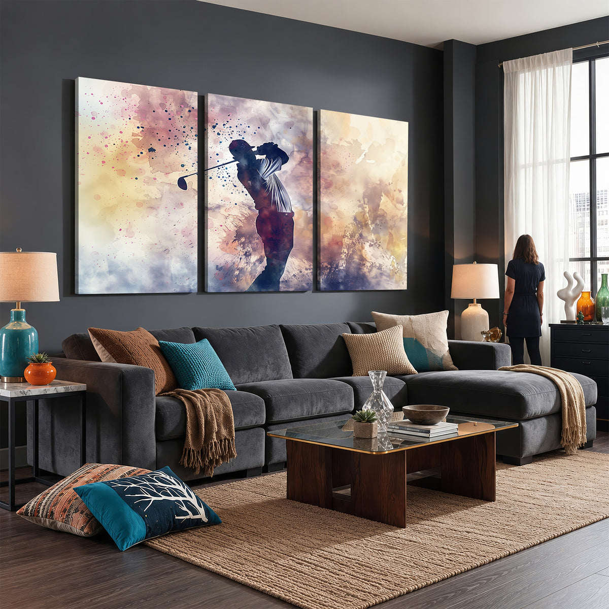 10848-MGV-CV-36X24 - Abstract Watercolor Golf Player Wall Art Canvas Print