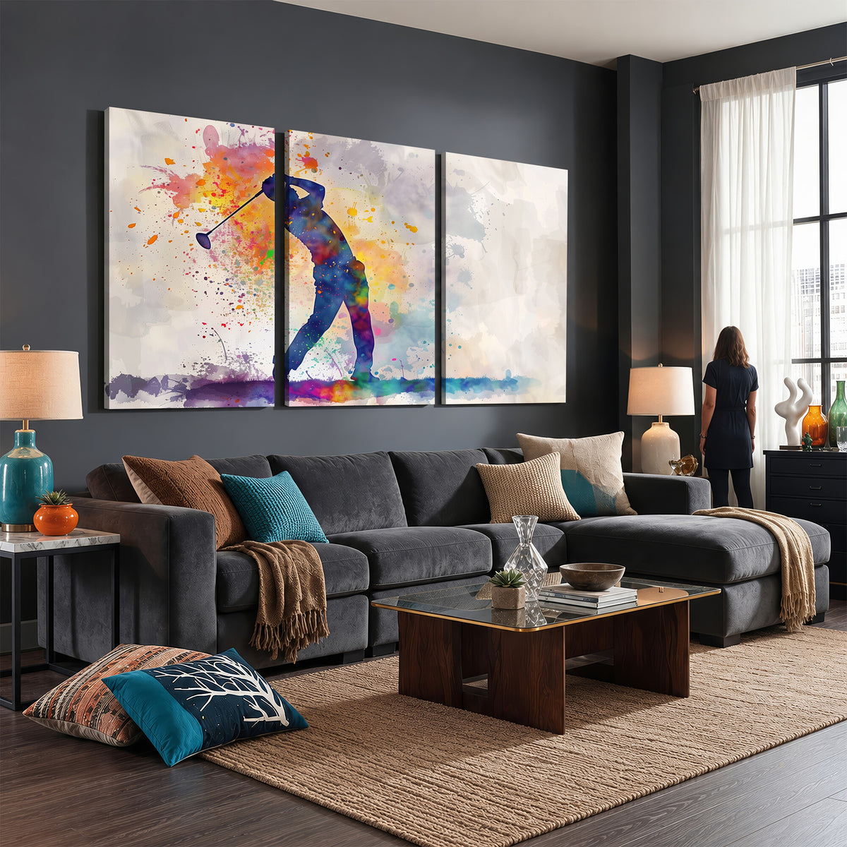 89625-MGV-CV-36X24 - Vibrant Watercolor Golf Swing Wall Art Canvas Print | Extra Large 3 Piece Canvas Wall Art