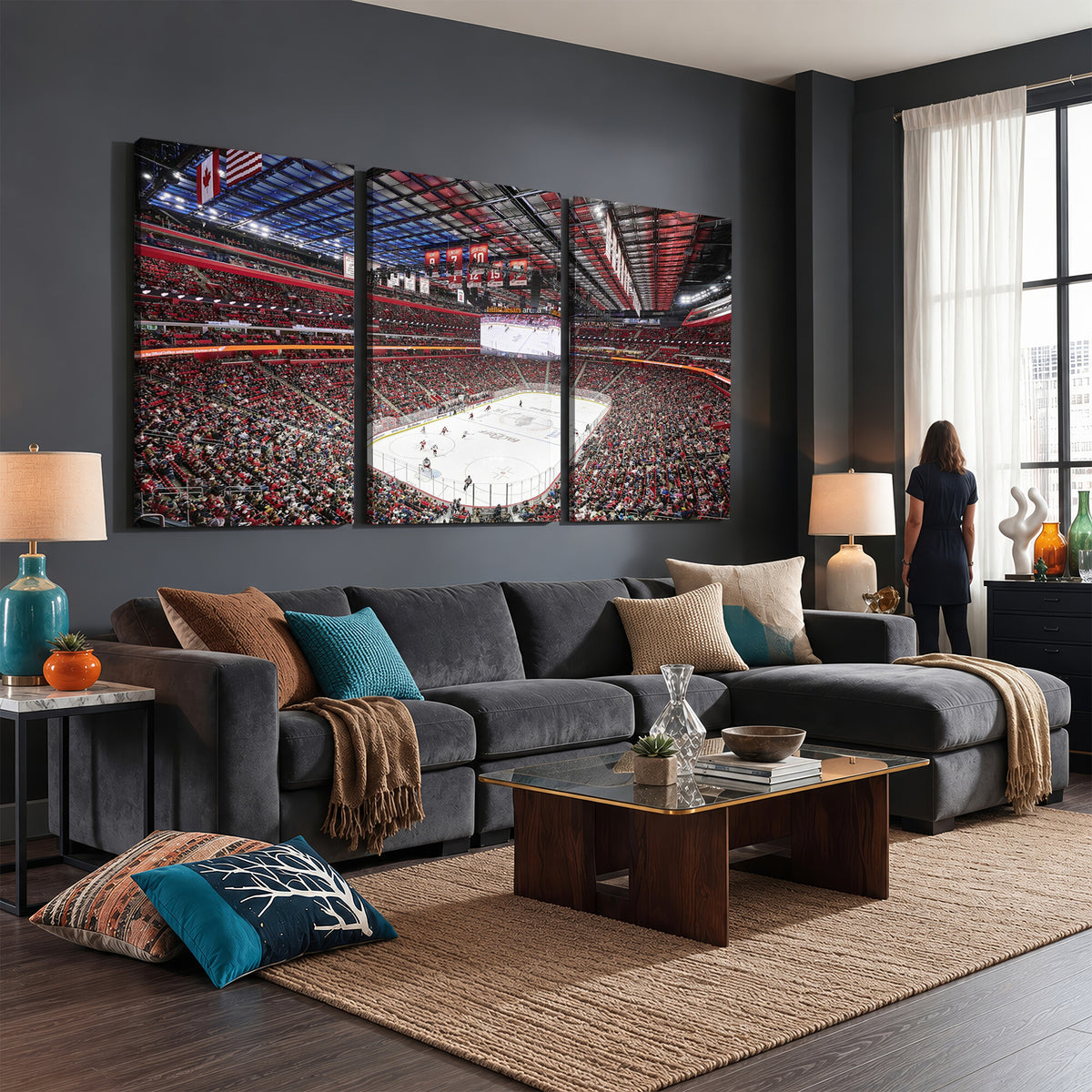 62263-MGV-CV-36X24 - Barton Malow Little Caesars Arena Detroit Wall Art Canvas Print - Detroit Hockey and Basketball