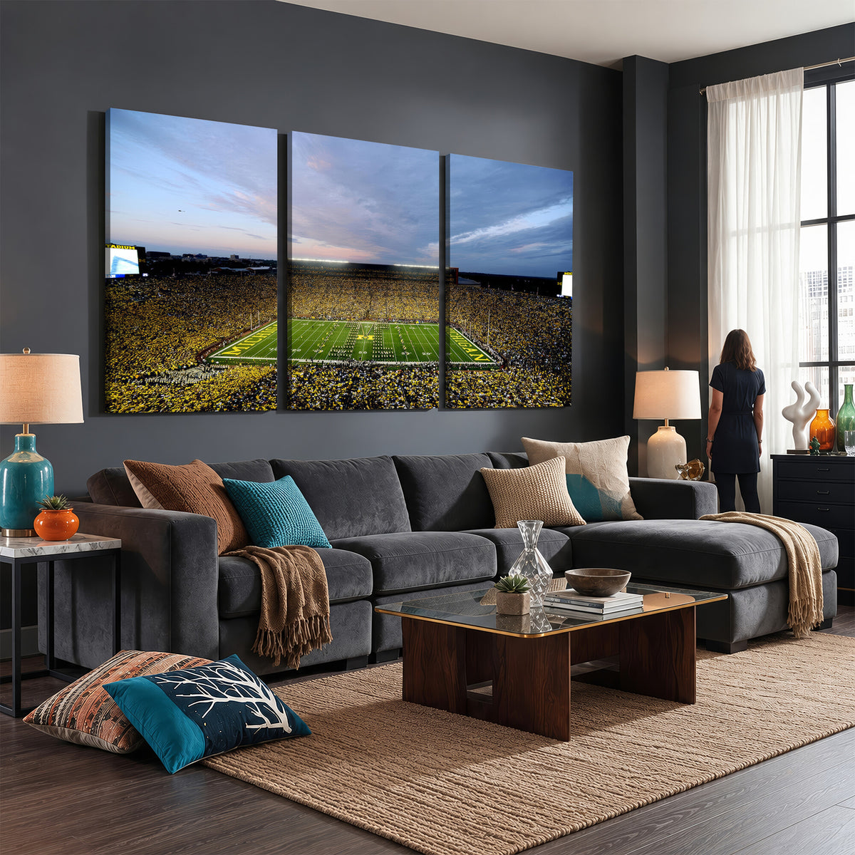 82641-MGV-CV-36X24 - Michigan Stadium Wall Art Canvas Print – Framed Football Field Scene with Marching Band Artwork for Home, Office