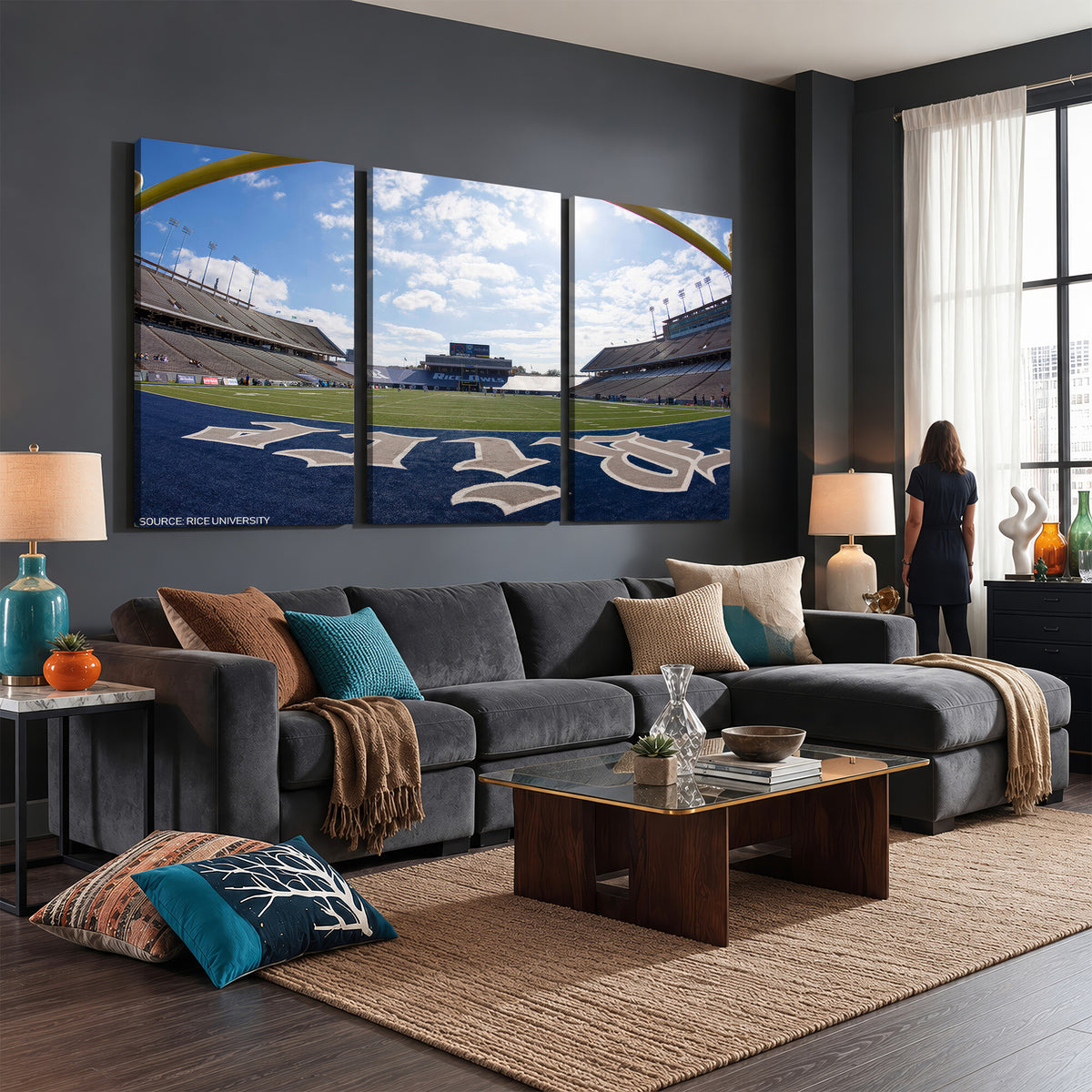 50267-MGV-CV-36X24 - Rice University Owls Football Team Print, Houston Rice Stadium, Framed and Ready to Hang