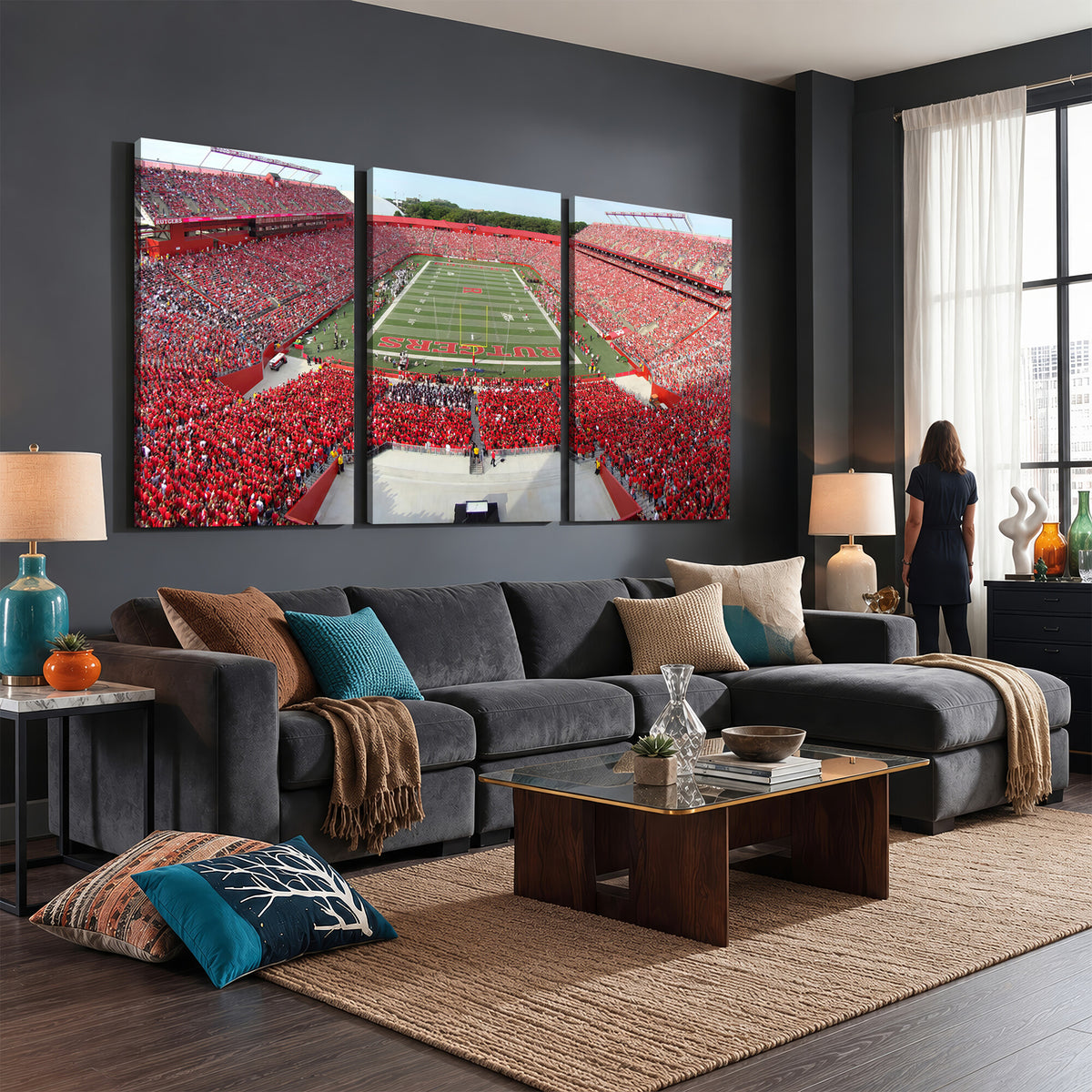 90818-MGV-CV-36X24 - Rutgers Scarlet Knights Football Team Print, Piscataway SHI Stadium, Framed and Ready to Hang