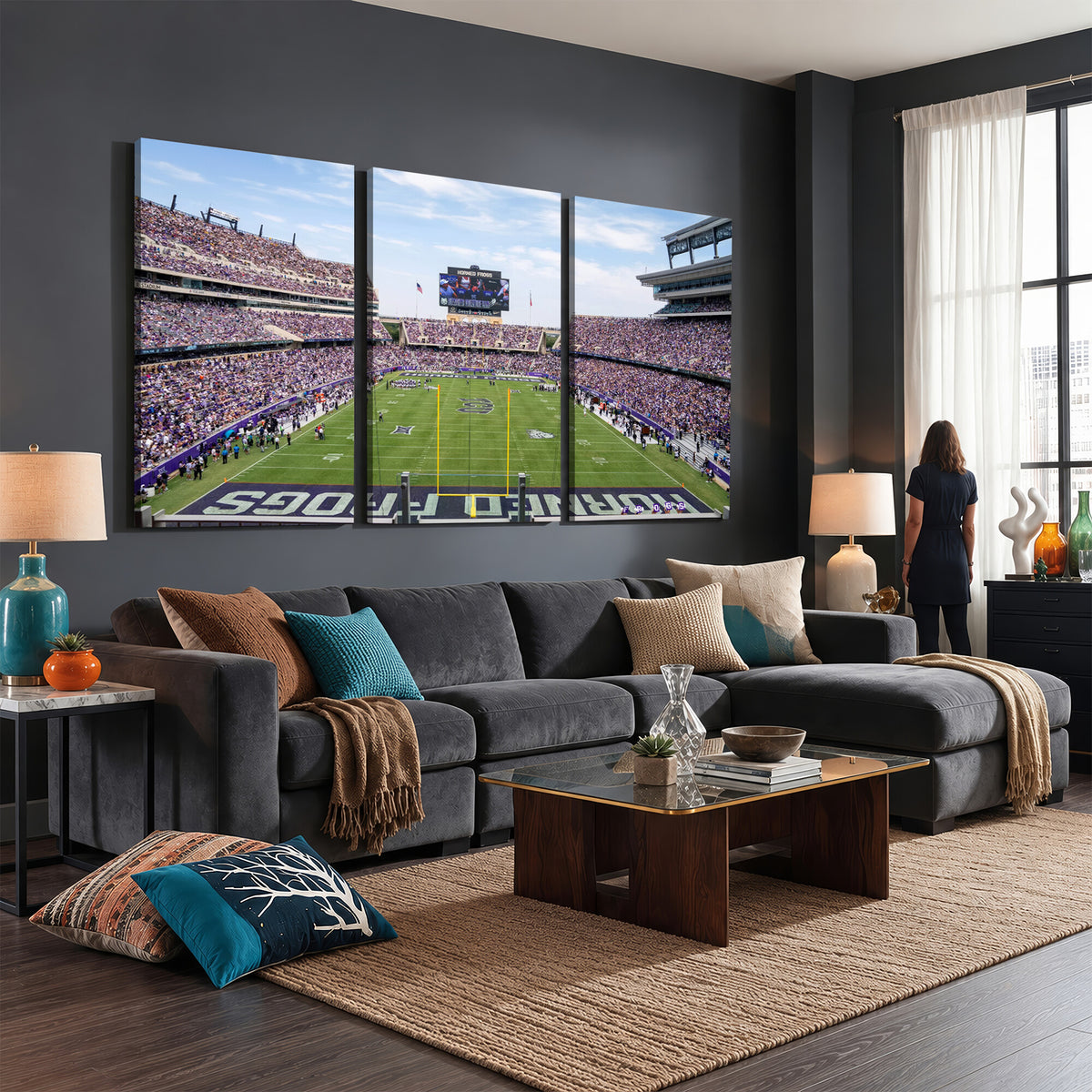 27650-MGV-CV-36X24 - TCU Horned Frogs Football Team Print, Fort Worth Amon G. Carter Stadium, Framed and Ready to Hang