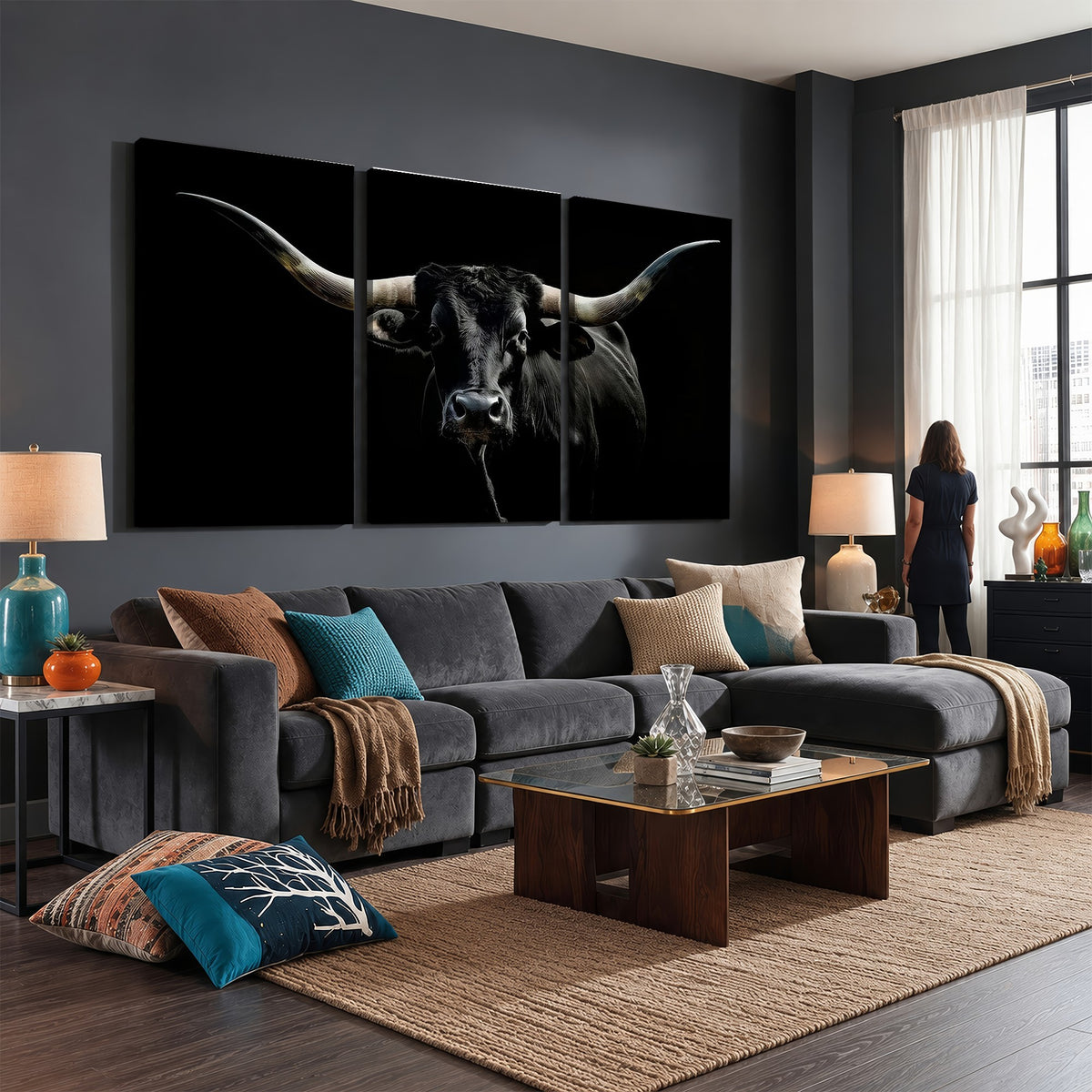20679-MGV-CV-24X16 - Texas Black Longhorn Bull Wall Art Canvas Print, Western Cattle Rustic Decor