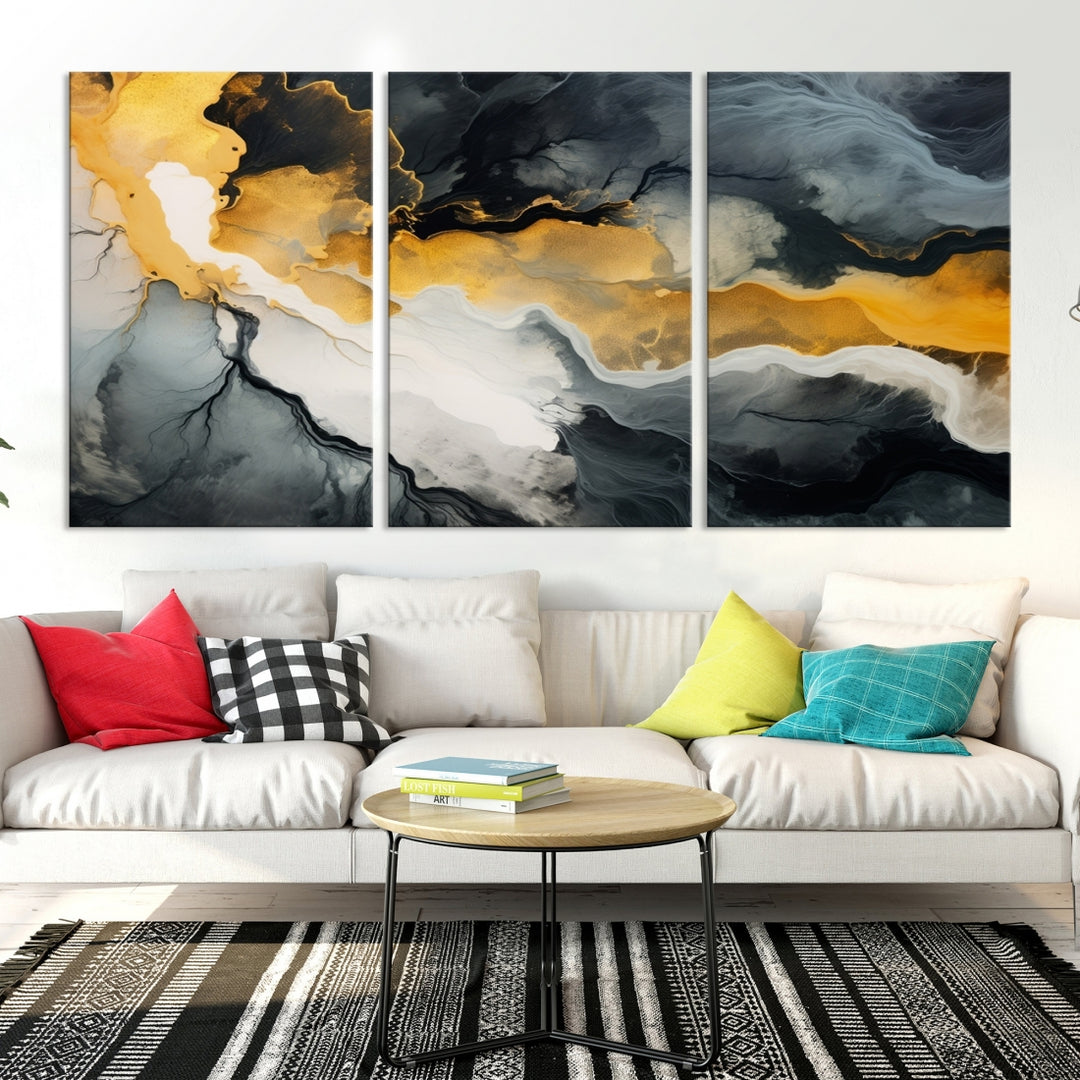 The Smoke Gray Green Golden Abstract Contemporary Art Canvas beautifully enhances a modern living room. Created on museum-quality canvas, this ready-to-hang artwork guarantees longevity and sophistication, perfectly aligning with the contemporary aesthetic.