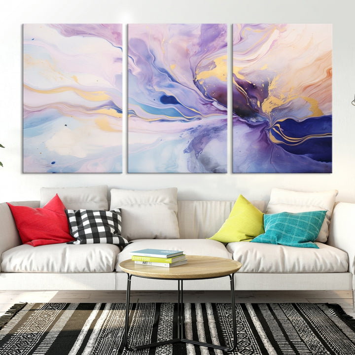 In the modern living room, a captivating Purple Color Abstract Wall Art Print graces the walls, mounted on museum-quality canvas, infusing the space with an artistic flair.