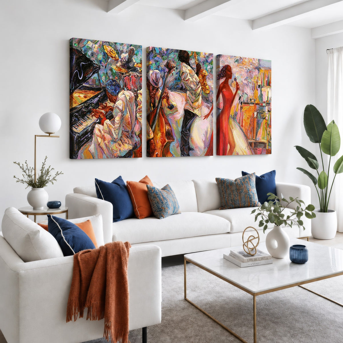 40574-_Poster-30x20 - Afro American Jazz Band Canvas Wall Art | 3 Panel Music Studio Decor