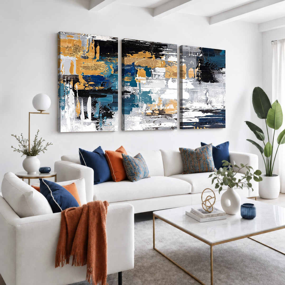 57708-_Poster-30x20 - Blue and Gold Abstract Canvas Wall Art | Triptych Modern Art Print