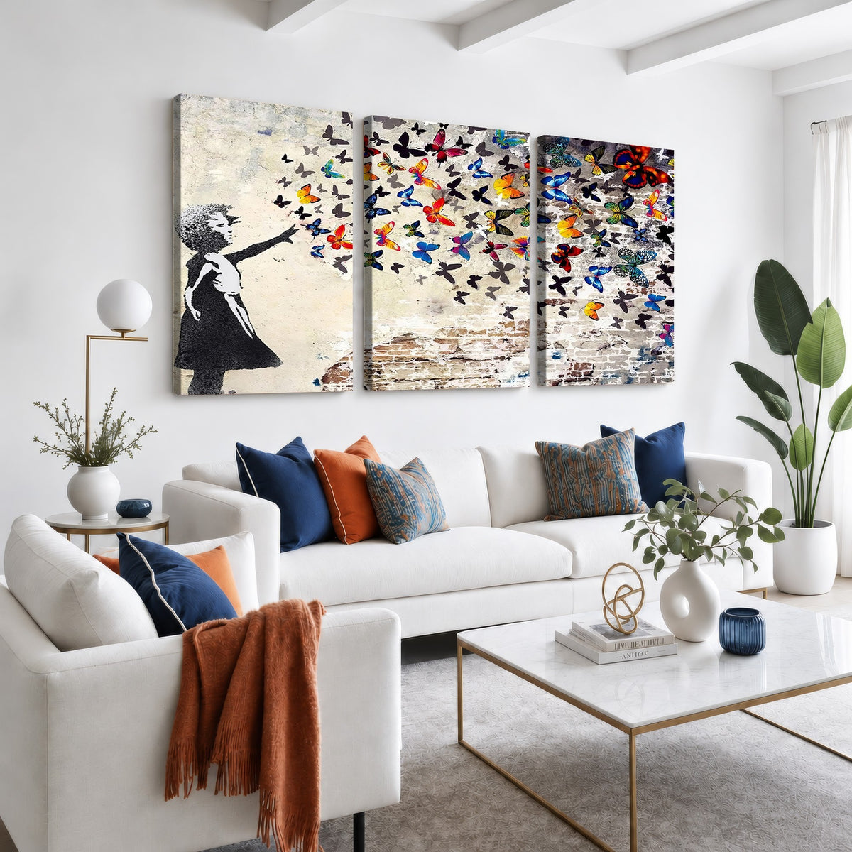 97895-MGV-CV-24X16 - Banksy Graffiti Wall Art Canvas Print, Girl Releasing Vibrant Butterflies