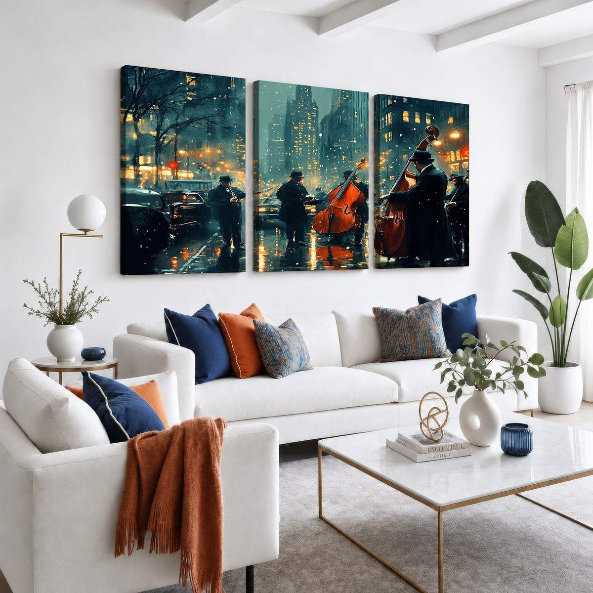 53391-MGV-CV-24X16 - Urban Night Jazz Wall Art Canvas Print | Moody Rain Soaked City Street Band Scene