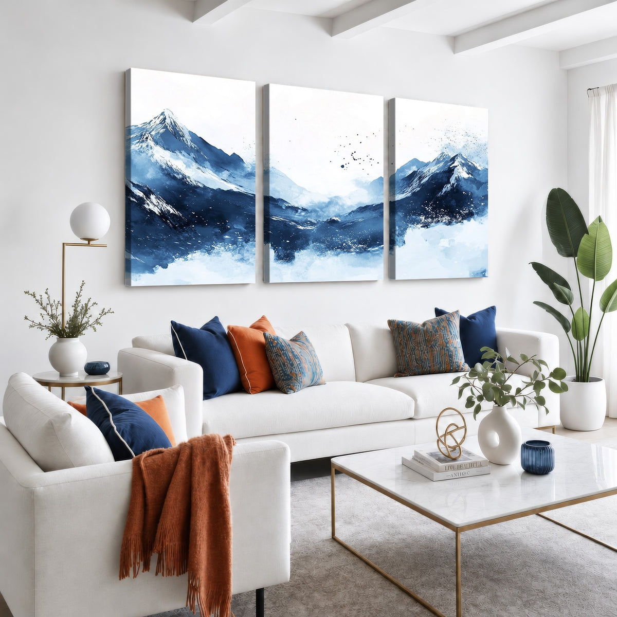 93536-_Poster-30x20 - Abstract Deep Blue Mountain Wall Art Canvas Print, Snowy Blue and White Landscape