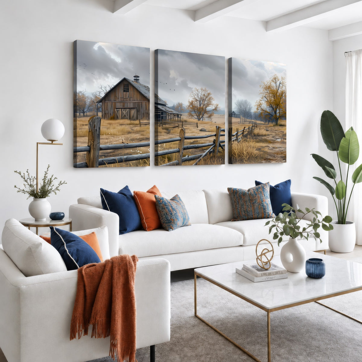 Farm1-MGV-CV-24X16 - Rustic Autumn Farmhouse Wall Art Canvas Print | Serene Countryside with Weathered Barn