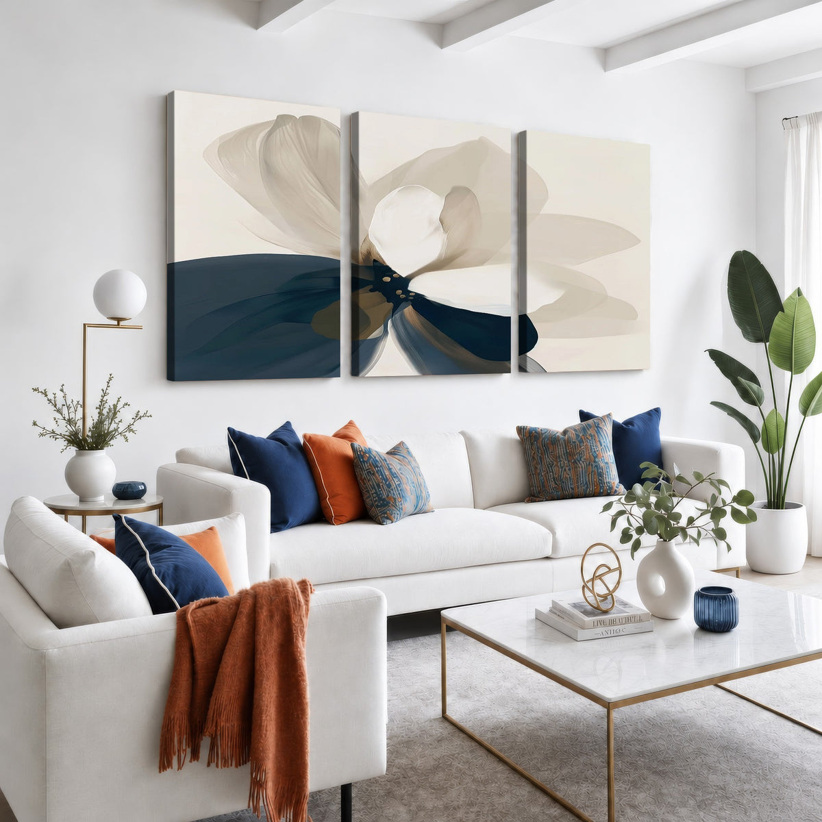 42188901-MGV-CV-24X16 - Minimal Flower Wall Art Canvas Print | Framed Beige and Navy Bloom