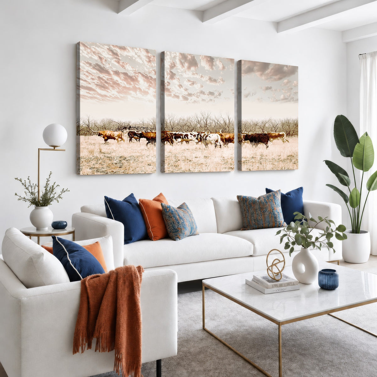 64892775-MGV-CV-24X16 - Longhorn Cattle Wall Art Canvas Print, Framed Texas Ranch Art, Western Cow Print, Prairie Landscape Decor