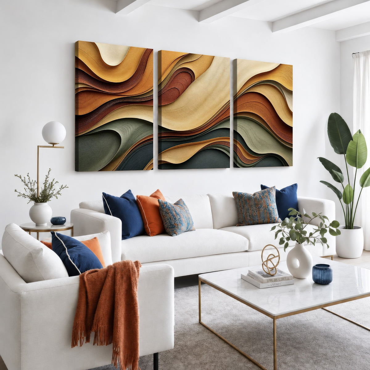 19337902-_Poster-30x20 - Modern Abstract Waves Canvas Wall Art - Minimalist Earthy Tone Living Room Decor
