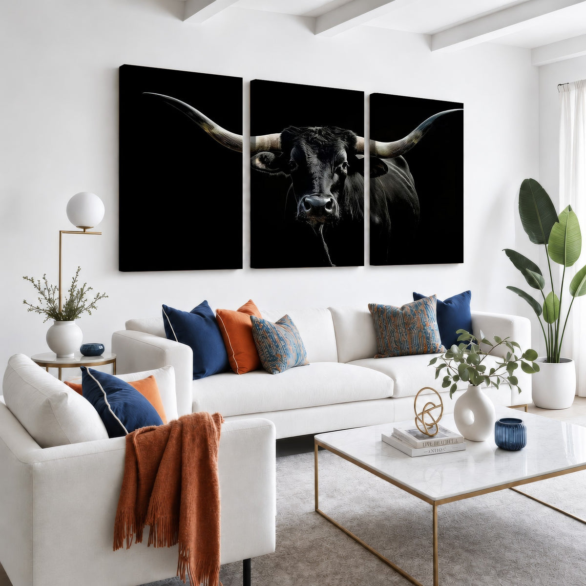 20679-MGV-CV-24X16 - Texas Black Longhorn Bull Wall Art Canvas Print, Western Cattle Rustic Decor