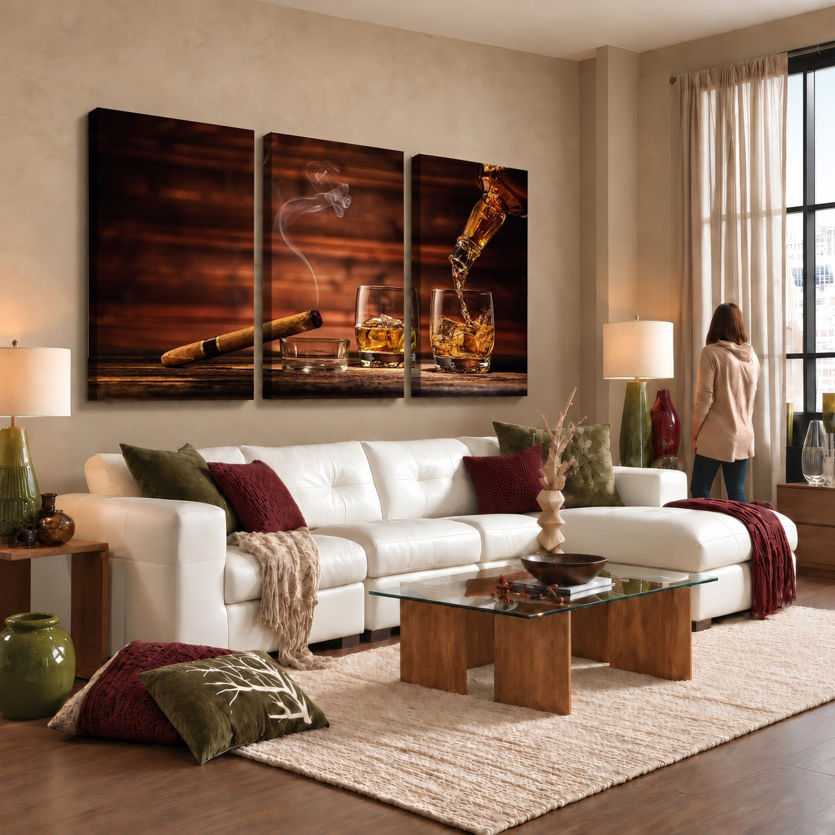 91042-MGV-CV-24X16 - Whiskey and Cigar Wall Art Canvas | 3 Panel Bar Room Decor