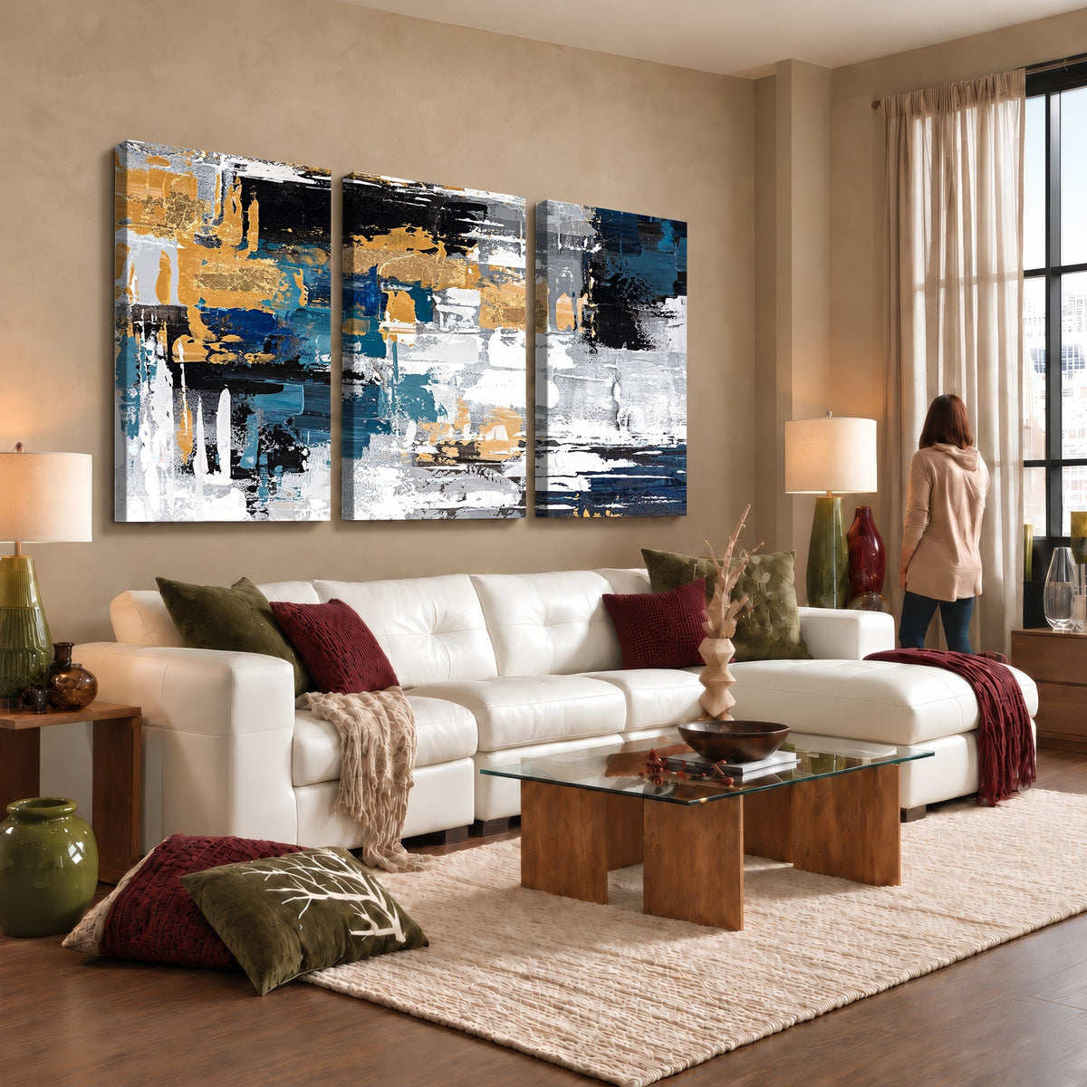57708-_Poster-30x20 - Blue and Gold Abstract Canvas Wall Art | Triptych Modern Art Print