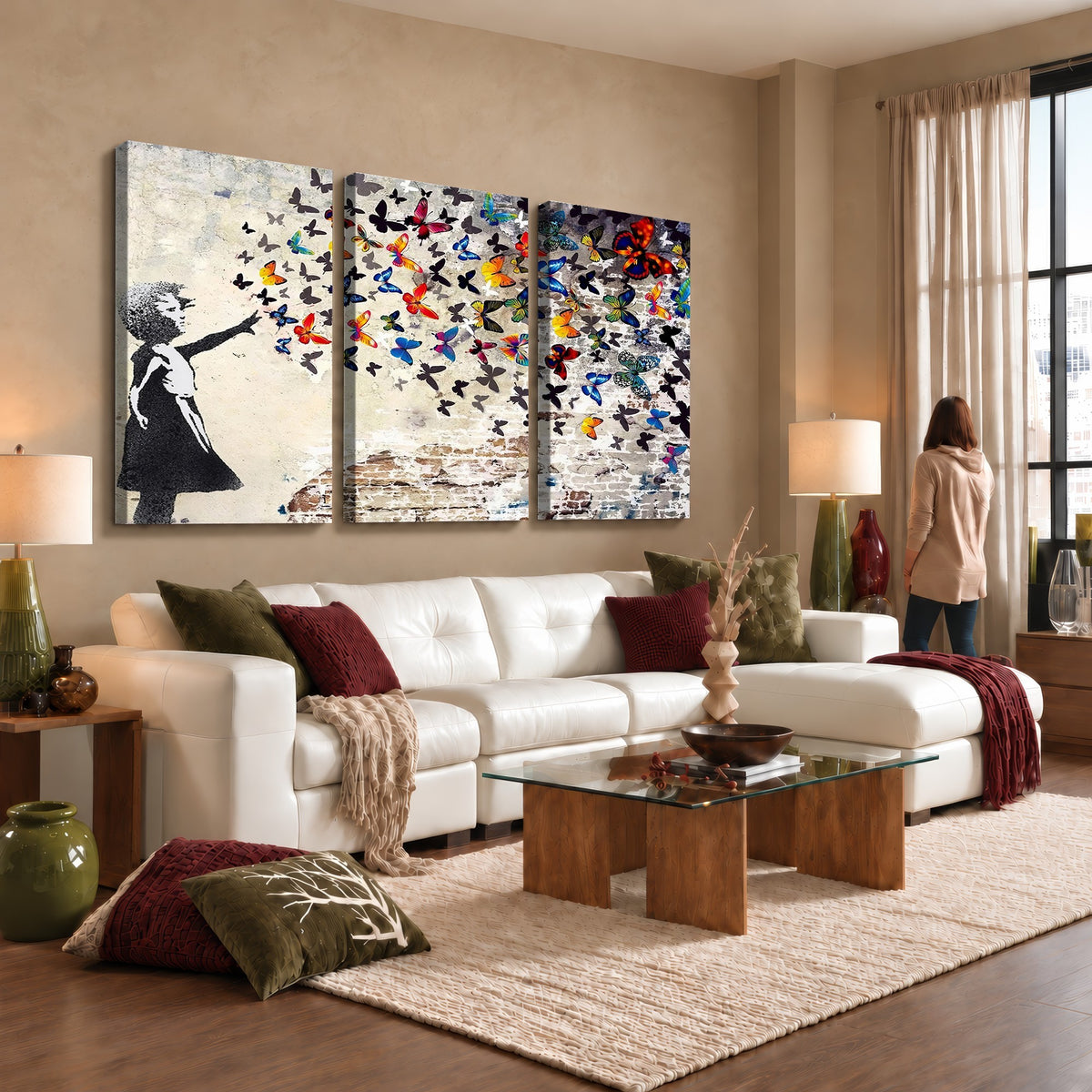 97895-MGV-CV-24X16 - Banksy Graffiti Wall Art Canvas Print, Girl Releasing Vibrant Butterflies