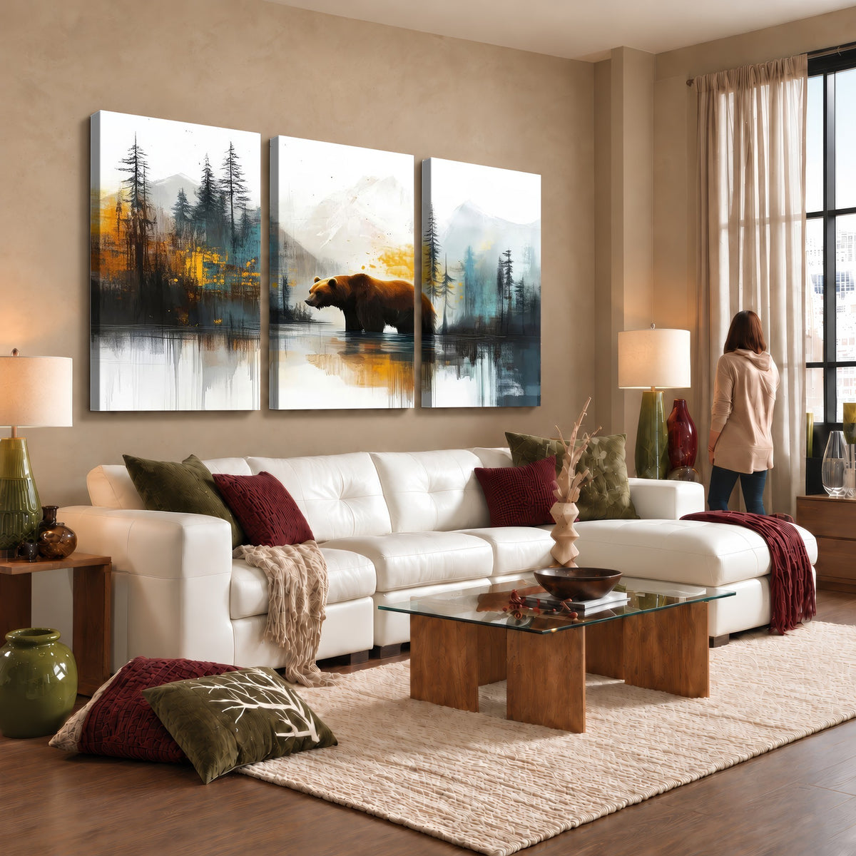 50308-_Poster-30x20 - Abstract Rustic Bear Wall Art Canvas Print, Forest Mountain Scene for Farmhouse or Cabin Decor