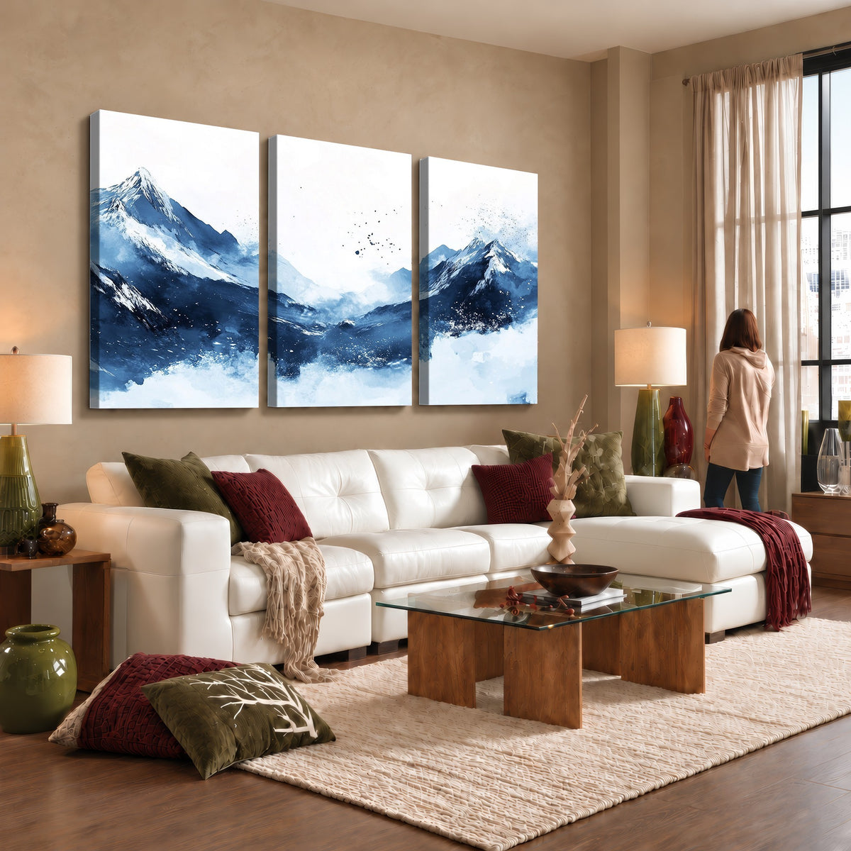 93536-_Poster-30x20 - Abstract Deep Blue Mountain Wall Art Canvas Print, Snowy Blue and White Landscape
