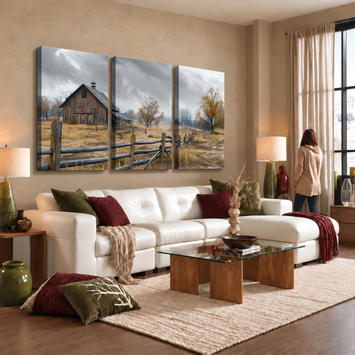 Farm1-MGV-CV-24X16 - Rustic Autumn Farmhouse Wall Art Canvas Print | Serene Countryside with Weathered Barn
