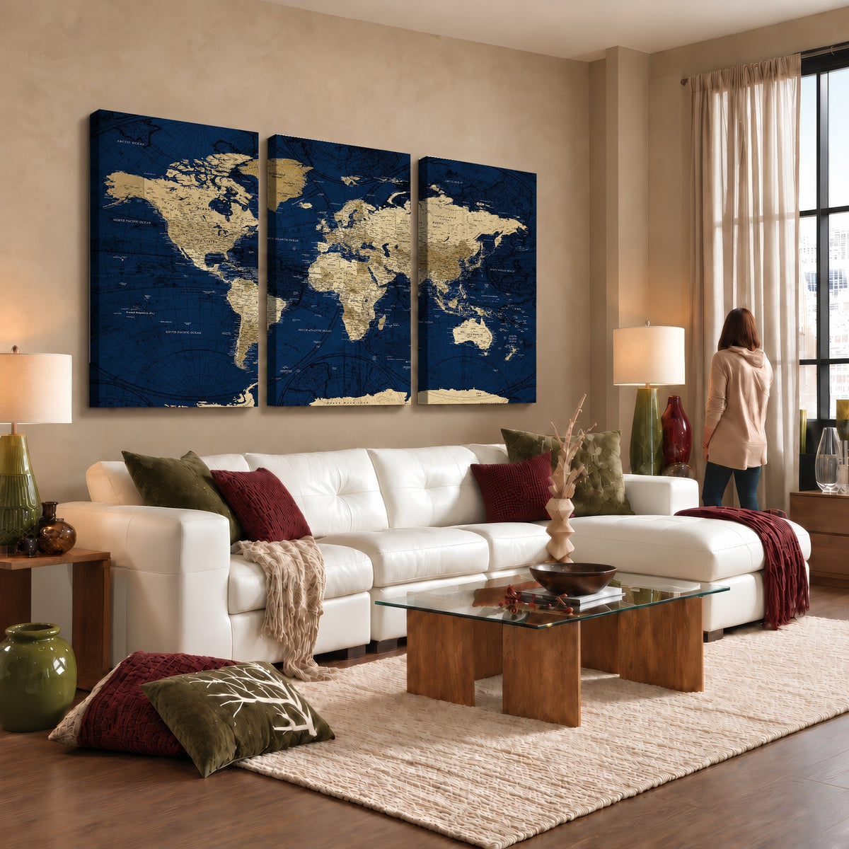 54770746-MGV-CV-24X16 - Navy Blue World Map Canvas Print | Detailed Minimal Navy Map Artwork