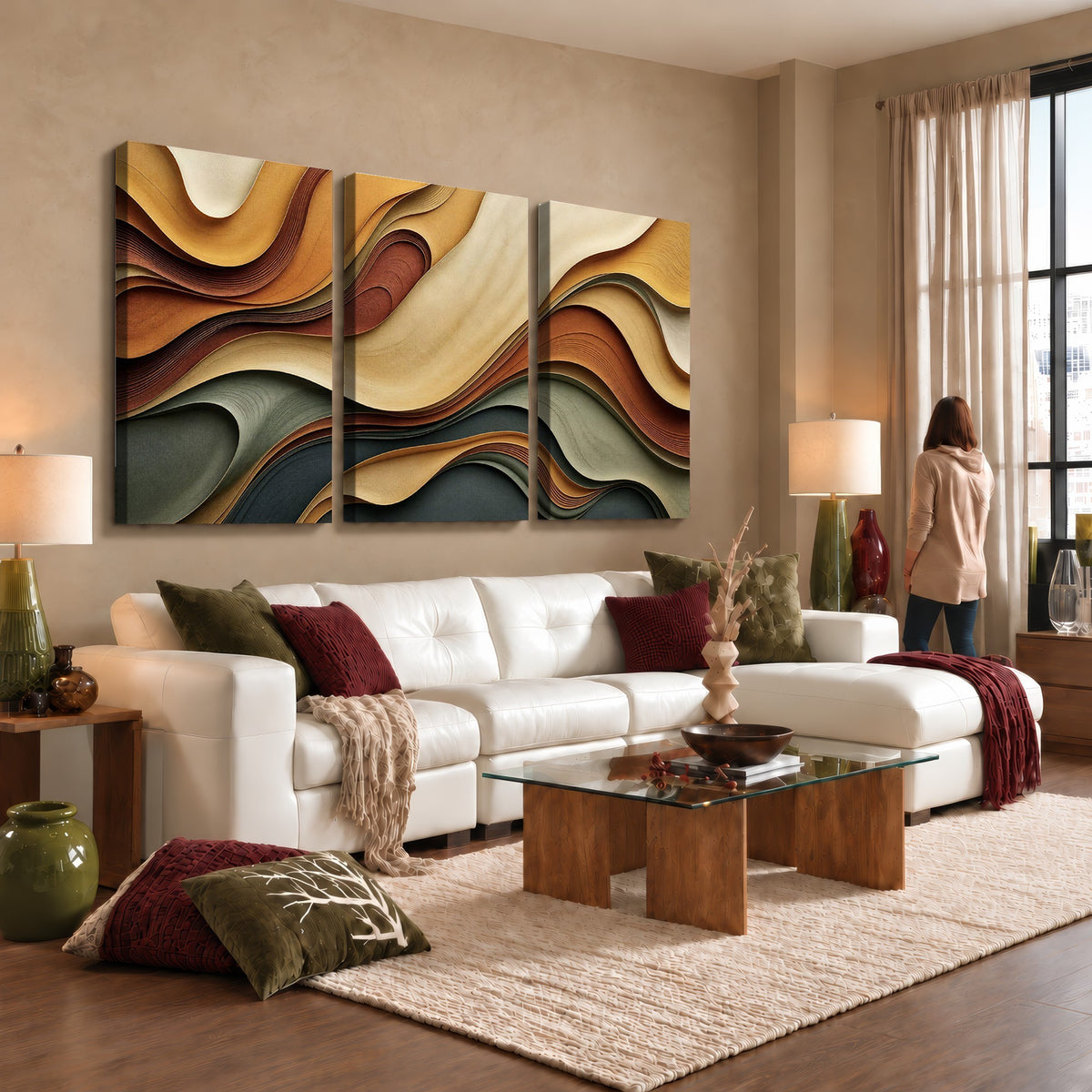 19337902-_Poster-30x20 - Modern Abstract Waves Canvas Wall Art - Minimalist Earthy Tone Living Room Decor
