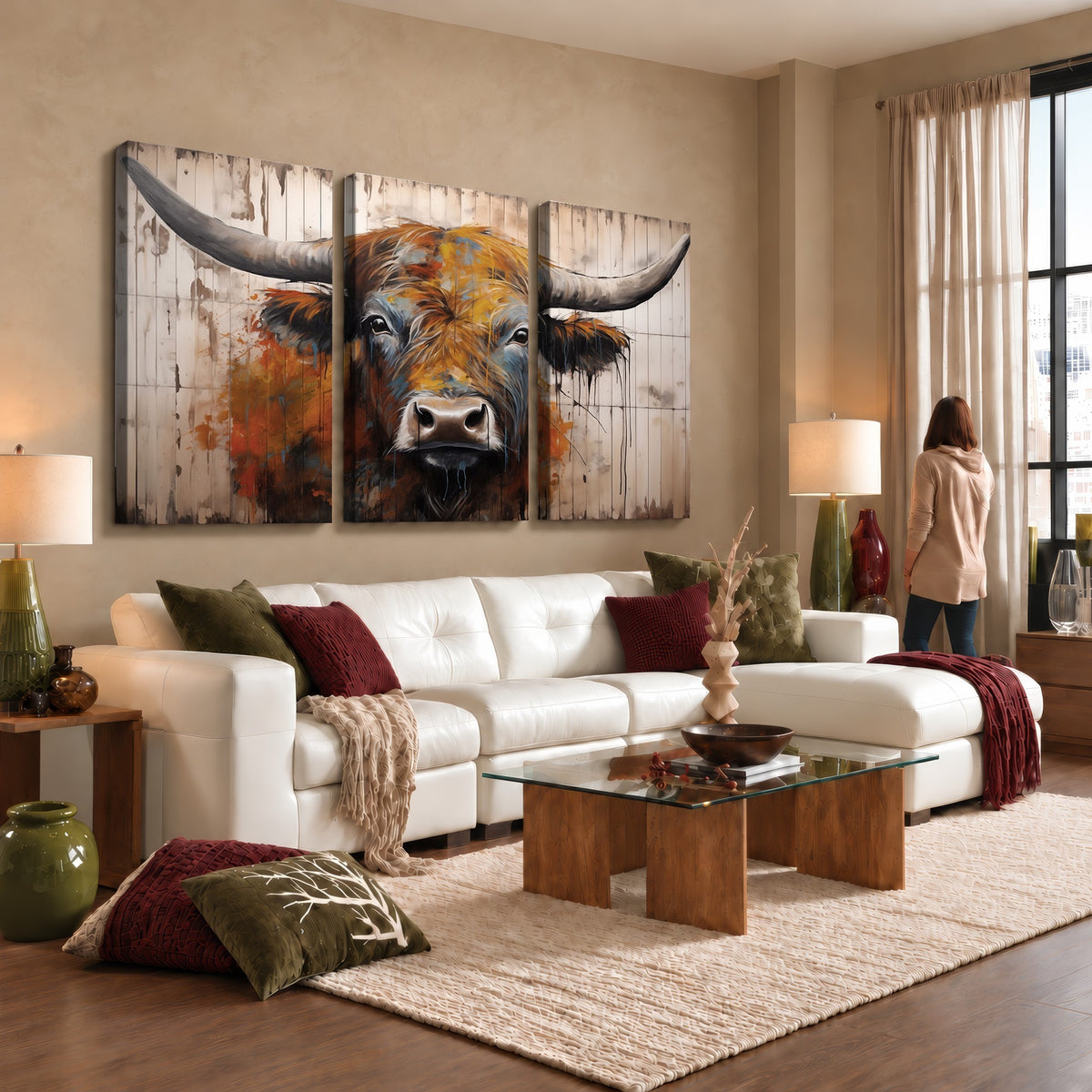 47284-MGV-CV-24X16 - Abstract Bull Highland Cow Canvas Wall Art Print
