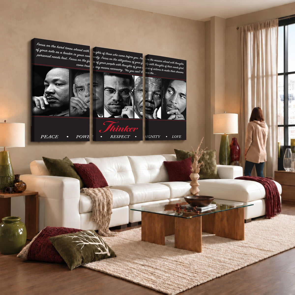 45112-MGV-CV-24X16 - Thinker Quintet Canvas Wall Art | Martin, Obama, Malcolm X, Mandela, Marley, Peace Power Respect Dignity Love