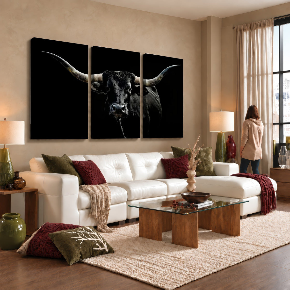20679-MGV-CV-24X16 - Texas Black Longhorn Bull Wall Art Canvas Print, Western Cattle Rustic Decor