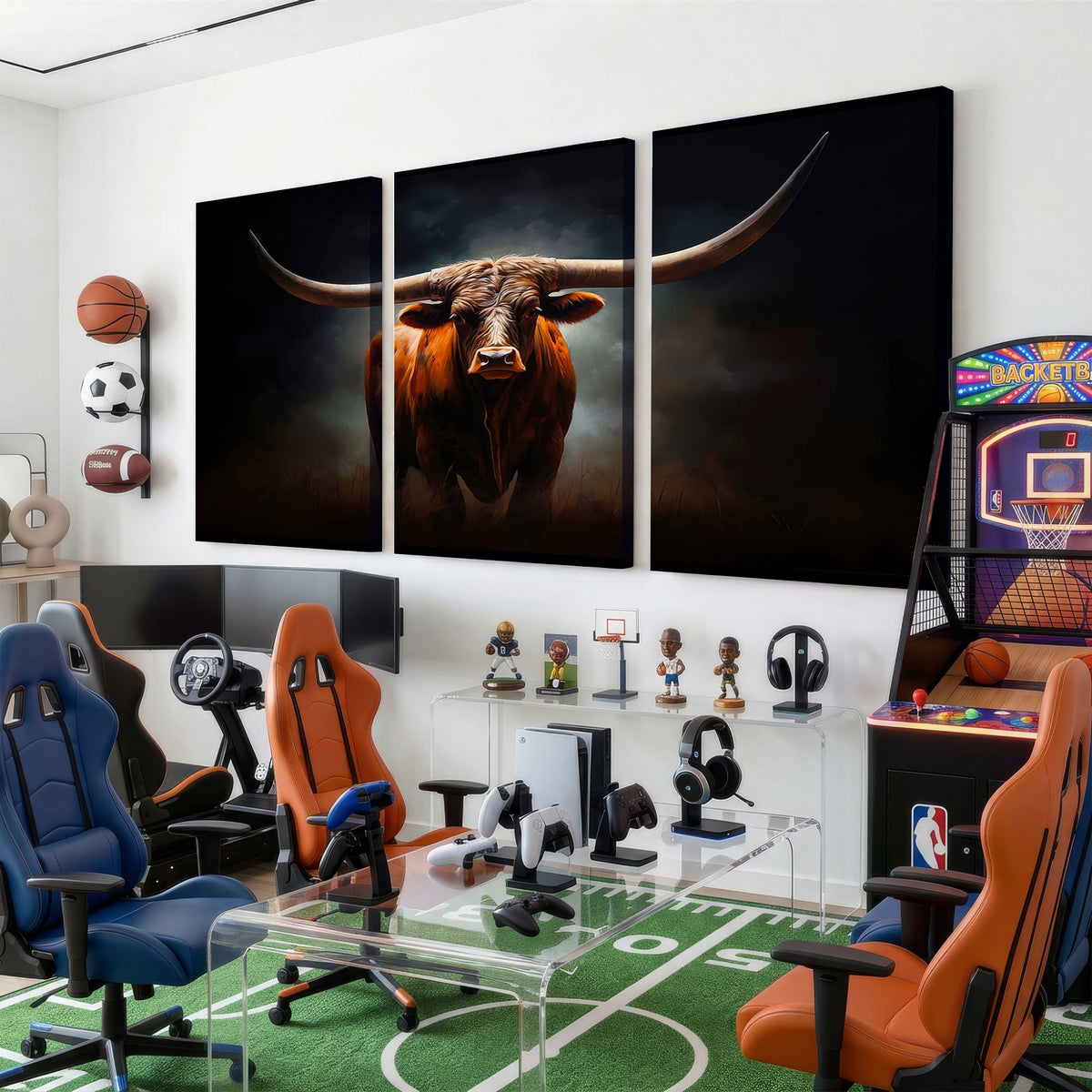 48896-MGV-CV-24X16 - Abstract Texas Longhorn Wall Art Print | 3-Panel Large Texas Longhorn Canvas