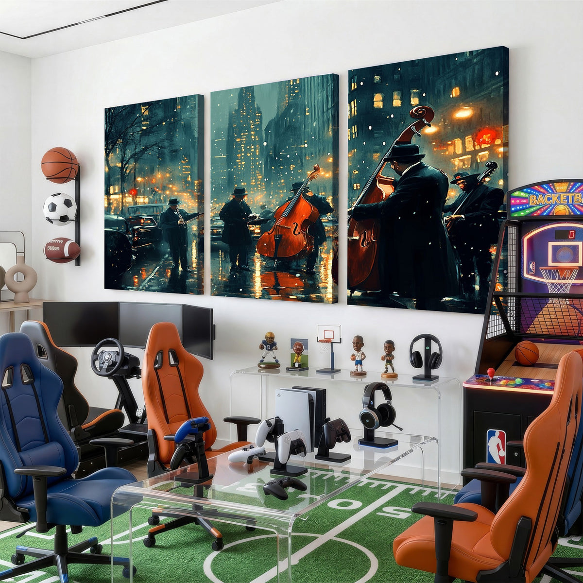 53391-MGV-CV-24X16 - Urban Night Jazz Wall Art Canvas Print | Moody Rain Soaked City Street Band Scene