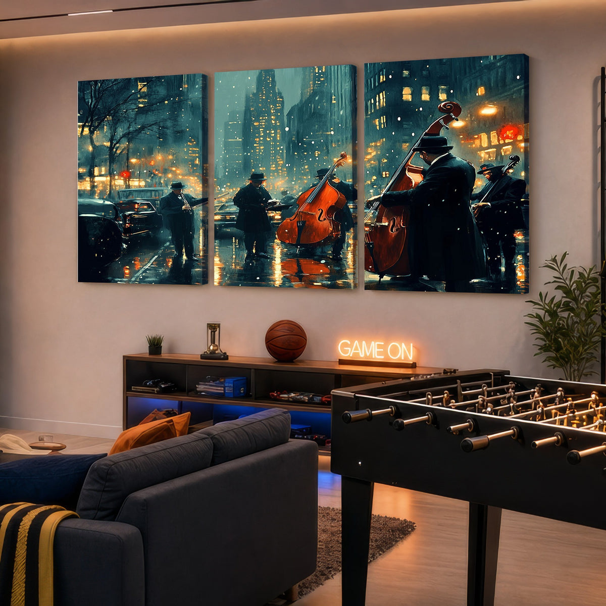 53391-MGV-CV-24X16 - Urban Night Jazz Wall Art Canvas Print | Moody Rain Soaked City Street Band Scene