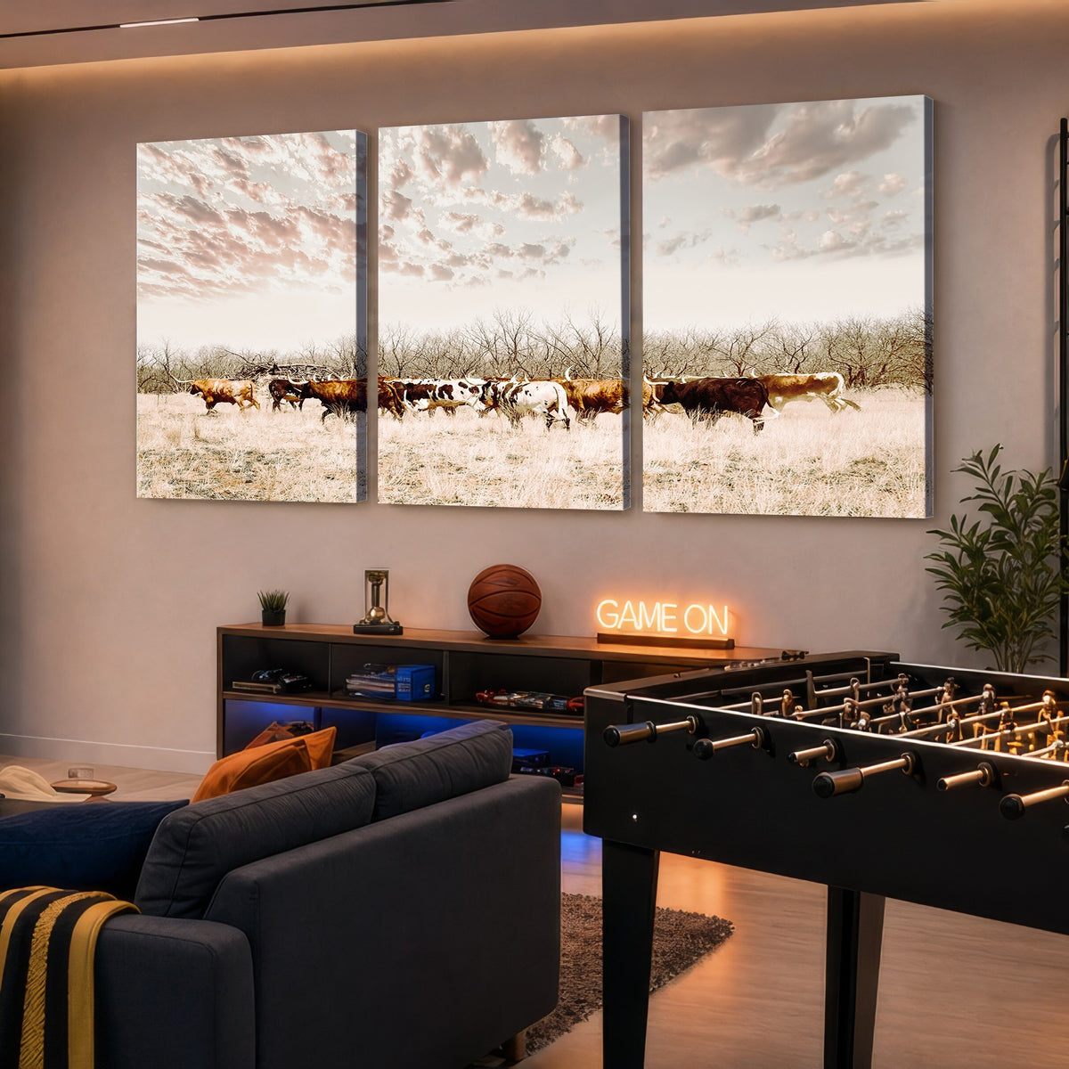 64892775-MGV-CV-24X16 - Longhorn Cattle Wall Art Canvas Print, Framed Texas Ranch Art, Western Cow Print, Prairie Landscape Decor