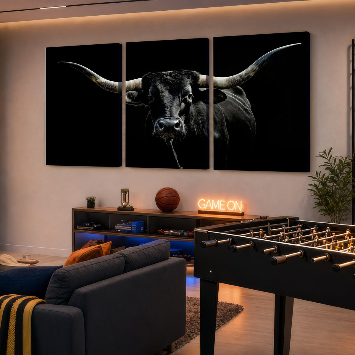 20679-MGV-CV-24X16 - Texas Black Longhorn Bull Wall Art Canvas Print, Western Cattle Rustic Decor