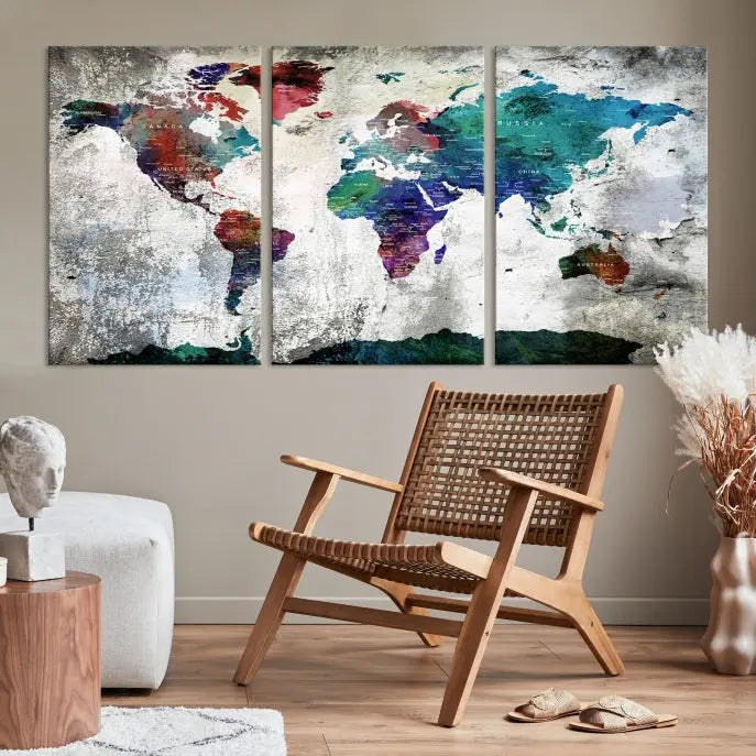 A three-panel World Map Wall Art Canvas Print, crafted with museum-quality materials, adorns the wall.