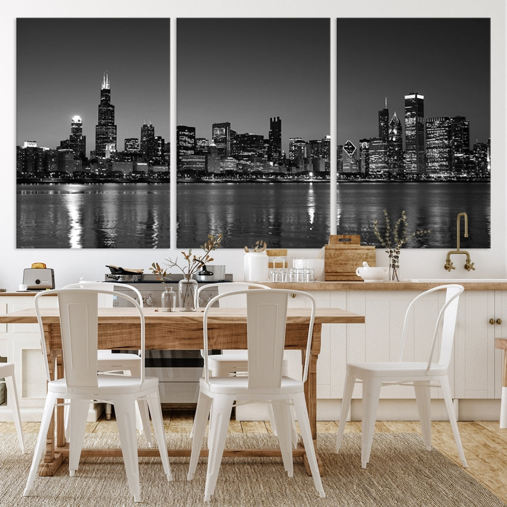 The Chicago Wall Art Canvas Print, a black and white triptych of a city skyline, adorns the space. This museum-quality canvas art arrives ready to hang, effortlessly merging sophistication with contemporary design.