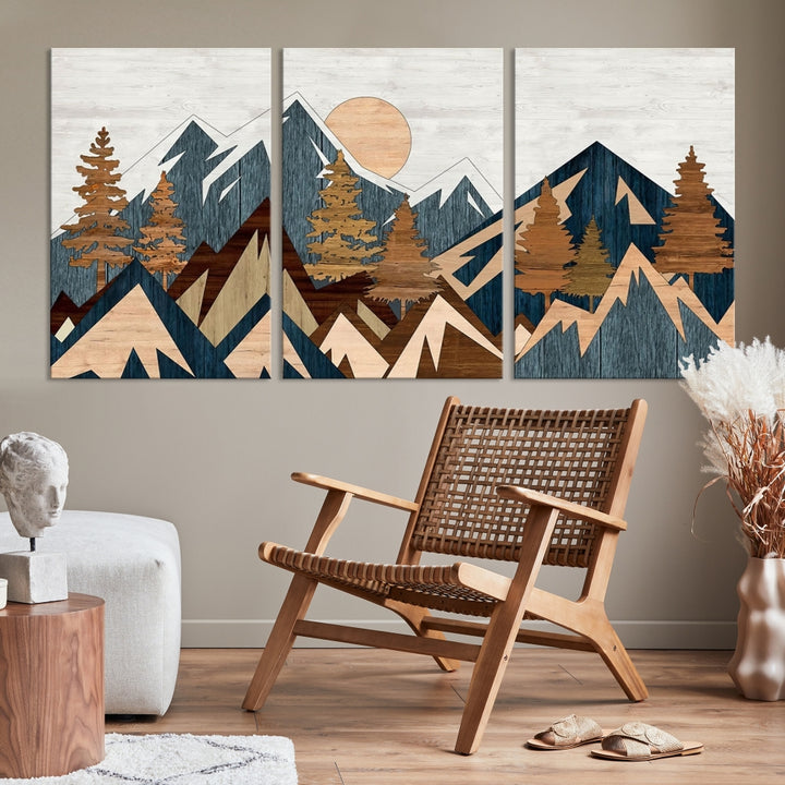 The Abstract Wood Panel Effect Mountain Range Top Wall Art Canvas Print is a striking three-panel art piece featuring mountains, trees, and the sun. Each canvas is gallery wrapped on museum-quality materials and comes with UV protection to ensure durability and preservation.