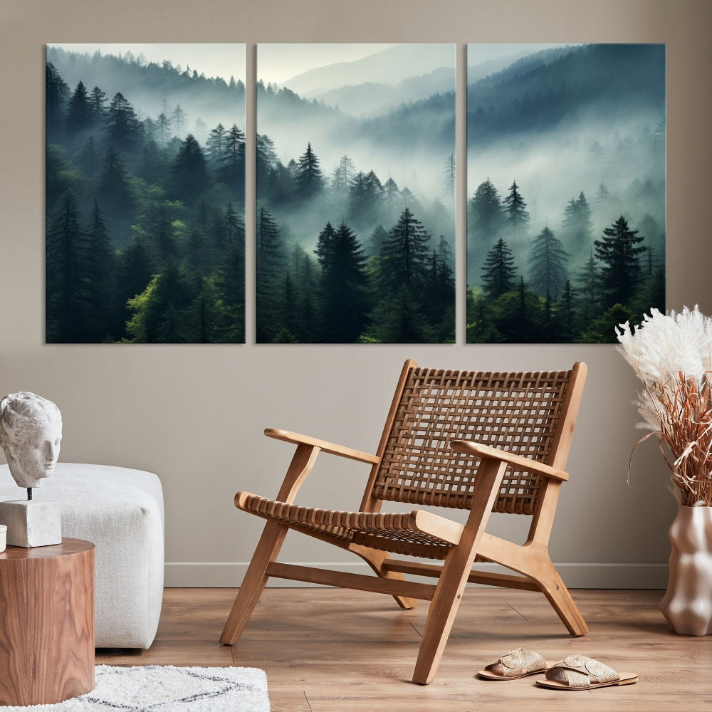 The Captivating Misty Forest Wall Art Premium Canvas Print offers a foggy and serene ambiance, enhancing the modern living room's atmosphere.