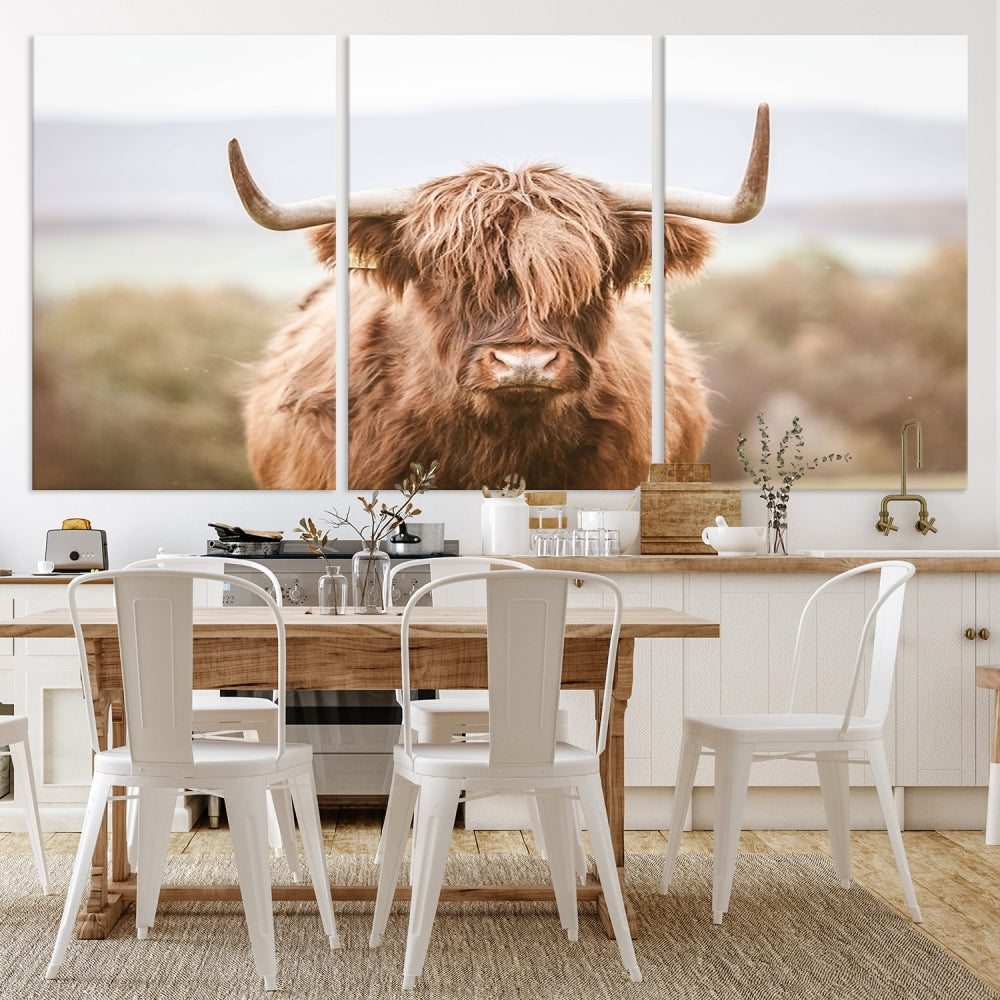 Canvas wall art featuring a Highland cow with long, shaggy fur in natural pastel tones, ready to hang.