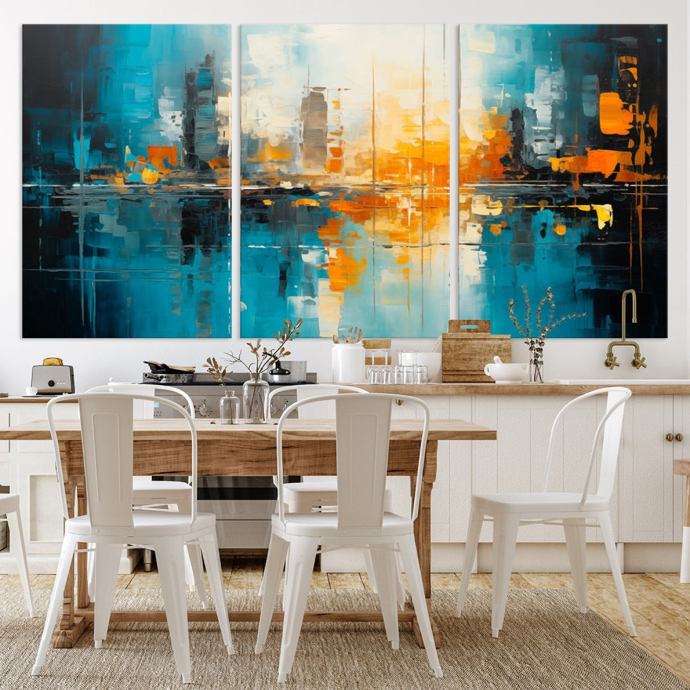 The Large Modern Abstract Wall Art Canvas Print, gallery wrapped on museum-quality canvas, enhances the modern living room setting.