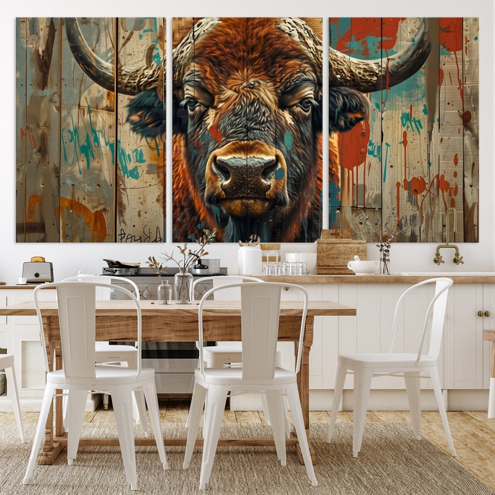 Bisonte lienzo pared arte American Buffalo Print Buffalo Impresión original Decoración rústica Arte de la pared de la granja Bison Wood fondo Large Wall Art