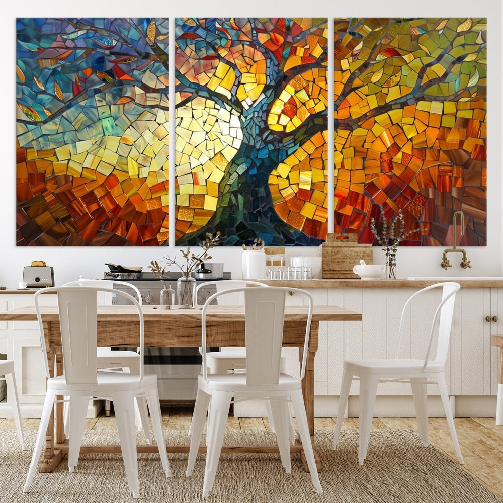 The dining area features the Mosaic Tree Canvas Wall Art, showcasing a vibrant stained glass-inspired Tree of Life called Yggdrasil with colorful leaves.