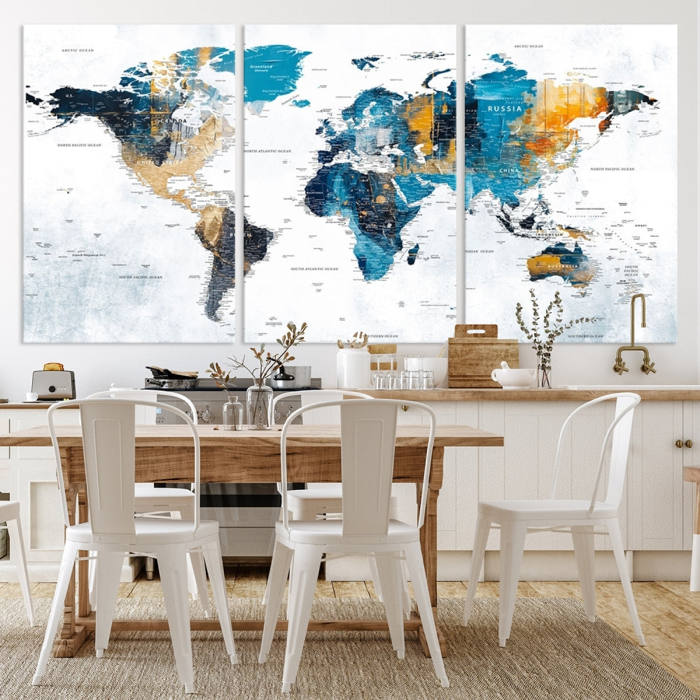 The World Map Turquoise Orange Wall Art Canvas Print, a triptych crafted on museum-quality canvases, adds aesthetic appeal and durability to the space.