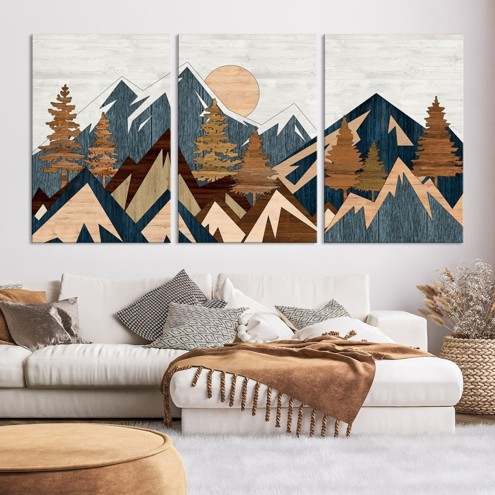 The Abstract Wood Panel Effect Mountain Range Top Wall Art Canvas Print is a striking three-panel art piece featuring mountains, trees, and the sun. Each canvas is gallery wrapped on museum-quality materials and comes with UV protection to ensure durability and preservation.