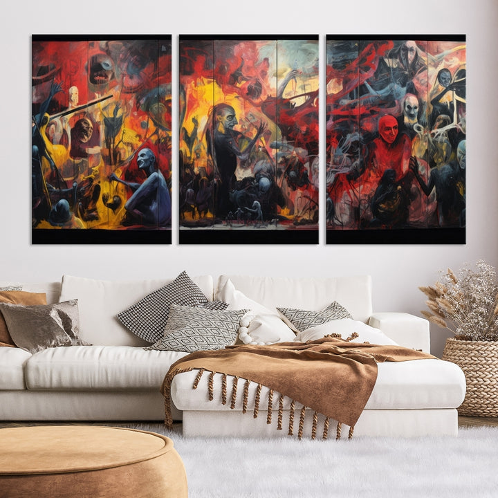 A vibrant Abstract Graffiti Wall Art triptych made of premium canvas, handmade in the USA, adorns the living room.