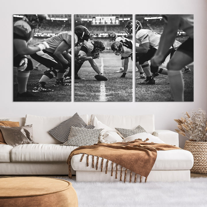 The "American Football Match Wall Art Canvas Print," featuring a black and white photo of a football game, is displayed as a triptych. This artwork is printed on museum-quality canvases and protected with a UV-coating.